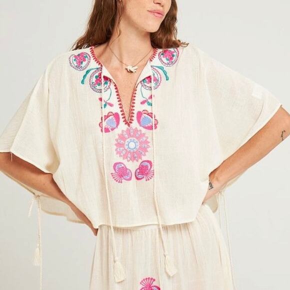 Antik Batik Magoo Cotton Tassel Mini Kaftan Poncho Crop Top Women’s Size Medium - Picture 1 of 14
